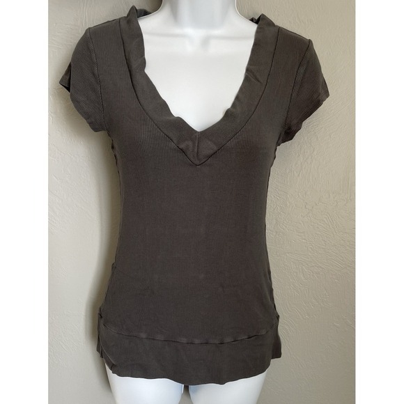 Decree Tops - Decree Shirt Womens Medium Gray Stretchy Ribbed Slim Fit Short Sleeve Y2K